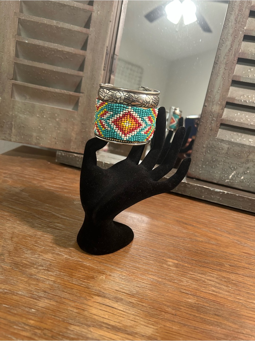 GEOMETRIC Seed CUFF BANGLE Bracelet Tribal  Beading And Silver Tone With Etching